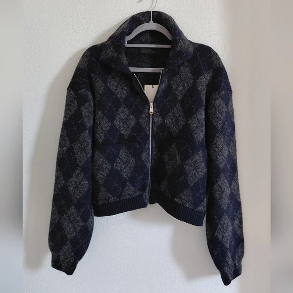 ZARA ARGYLE KNIT BOMBER JACKET - Picture 10 of 13